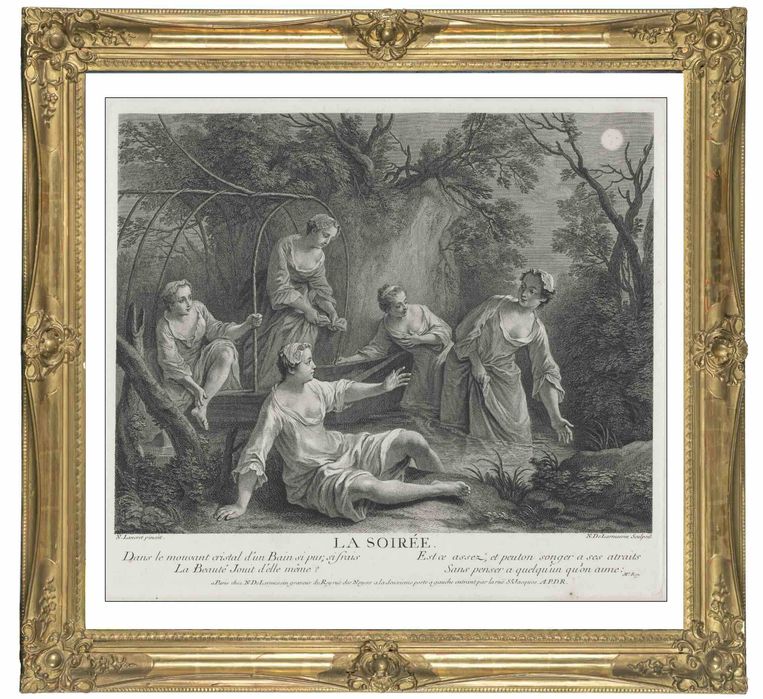 XVIII wieczny miedzioryt z sceną romantyczną, wymiar 100cm x 90cm