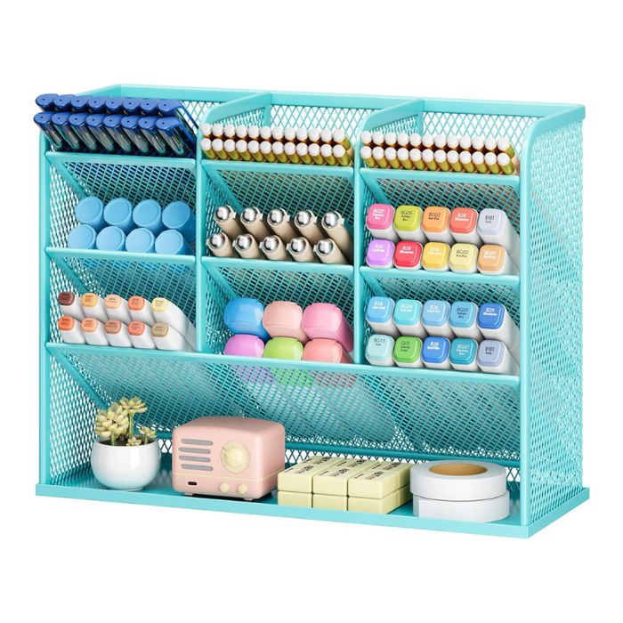 Przybornik na biurko metalowy 10 przegródek elegancki niebieski