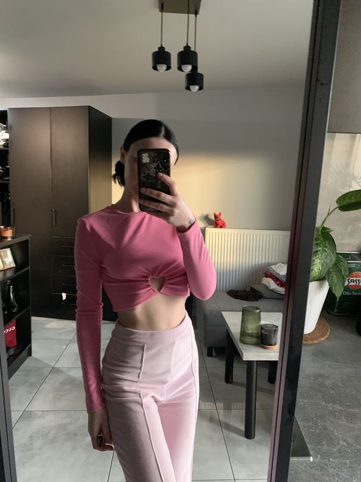 Bluzeczka różowa serduszko crop top longsleeve babypink xs s