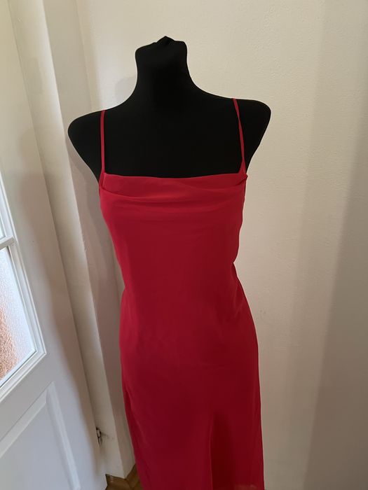 Czerwona sukienka na szelkach wieczorowa asymetryczna XL