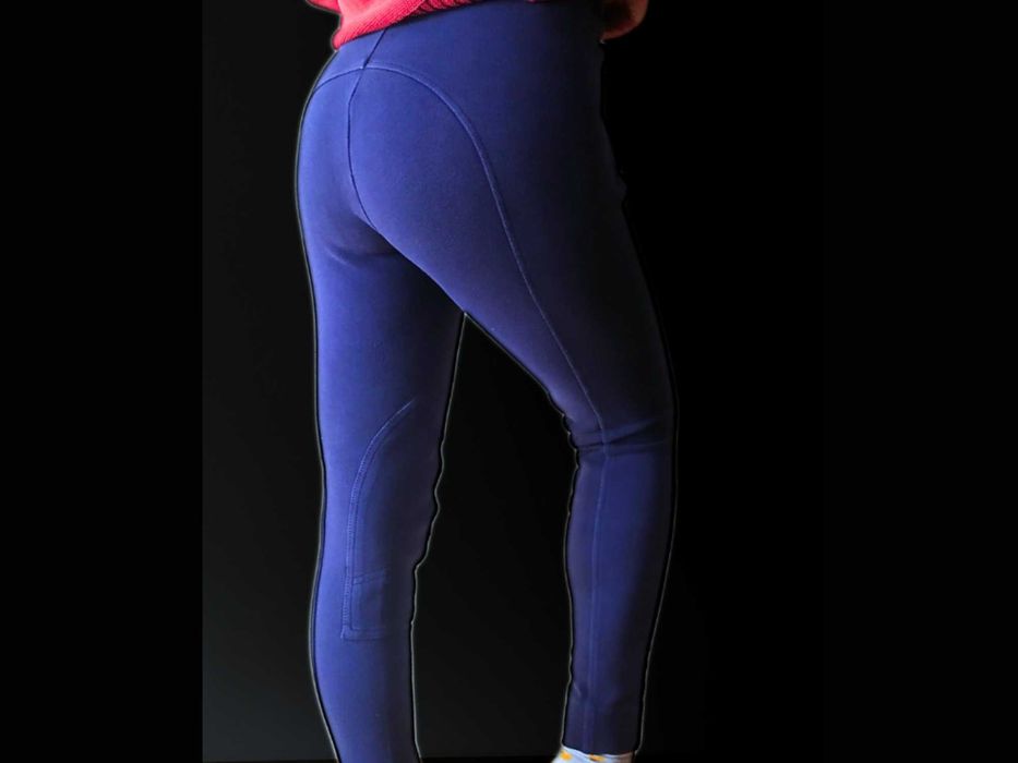 Materiałowe bryczesy L 40 z lejem damskie do jazdy konnej granatowe