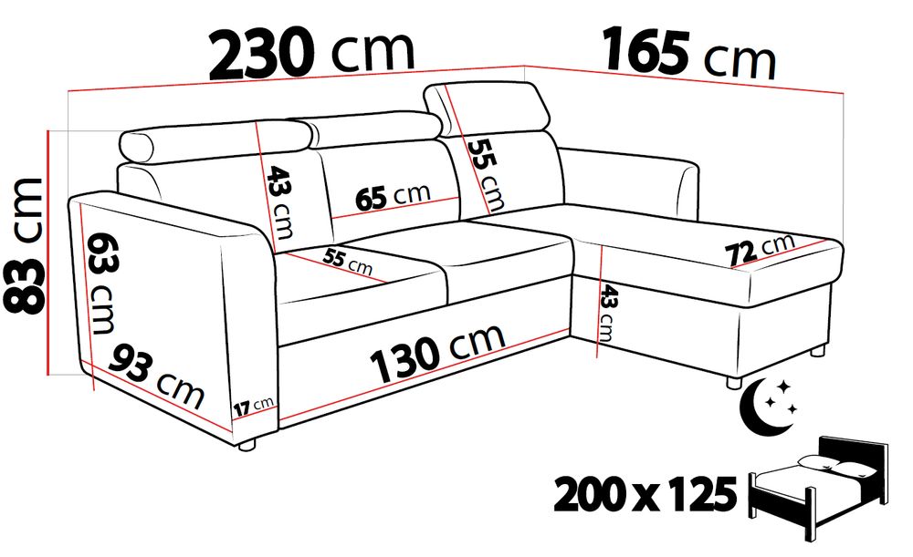 Narożnik POCKET 230x165 - funkcja spania, pojemnik, ruchome zagłówki