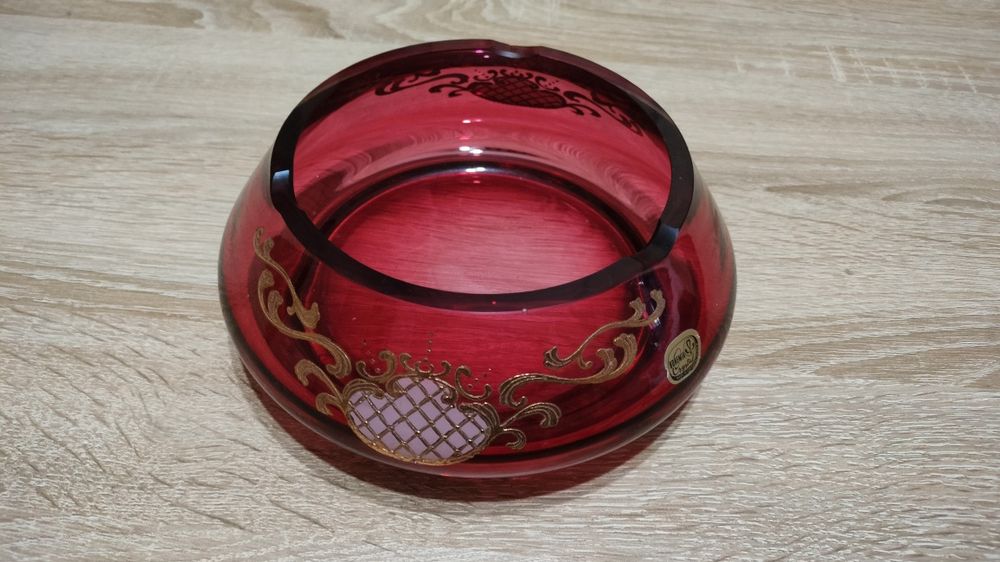 Kryształowa Popielniczka Bohemia Crystal Oloví Rubinowa, Vintage