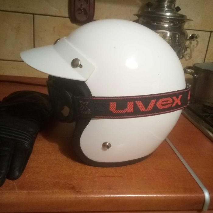 Kask motocyklowy WSK, WFM, SHL, JUNAK z PRL + gogle UVEX + rękawice