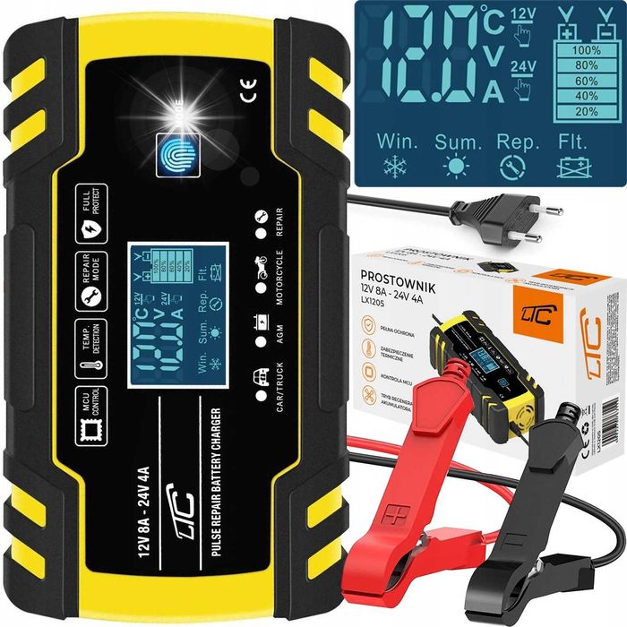 Prostownik AUTOMATYCZNY Z Funkcją NAPRAWY LCD Temperatura 12V 24V 8A