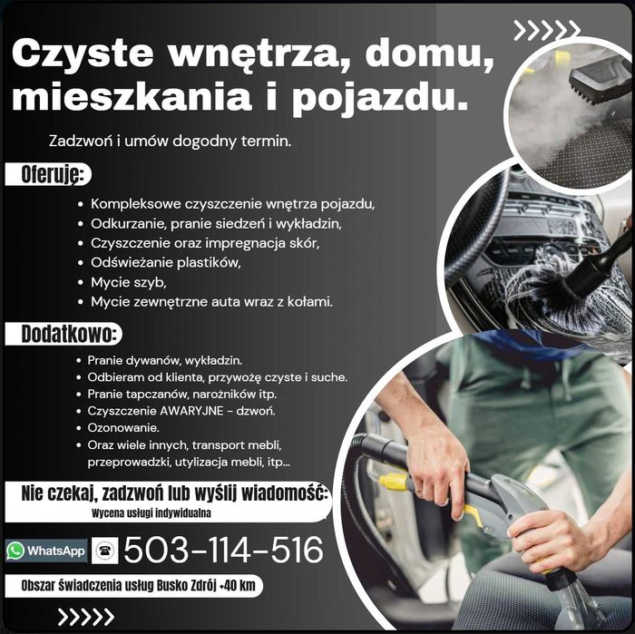 Pranie dywanów, tapicerki meblowej, samochodowej.
