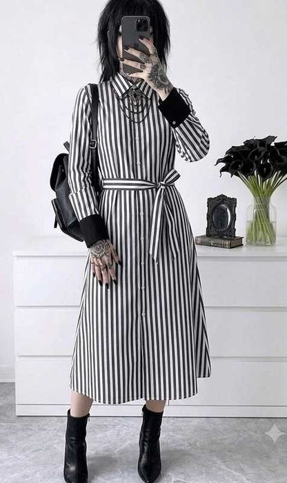 Sukienka Koszulowa Szmizjerka Midi Paski Wiązana 100% Bawełna Elegancka Gothabilly Psychobilly Retro M