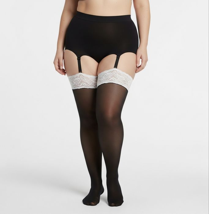 Czarne pończochy z białą koronką plus size dla puszystych kobiet