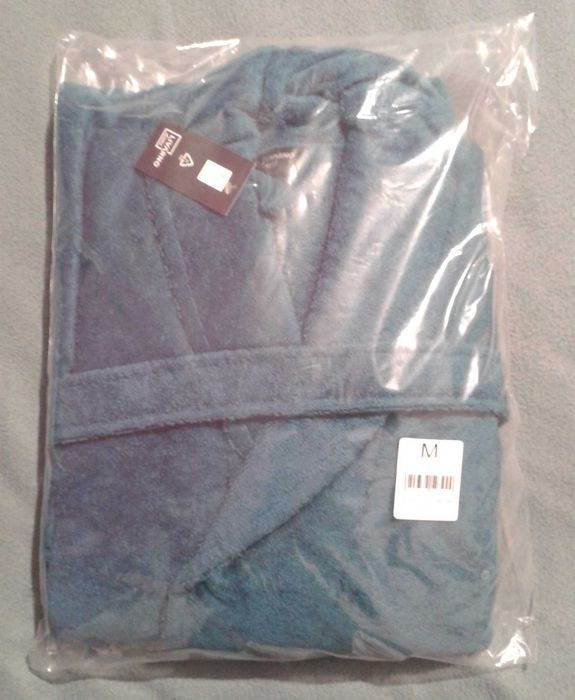 SZLAFROK damski męski unisex pasek kieszenie gruby miękki TURKUSOWY M