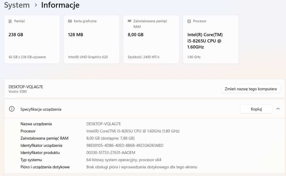Laptop Dell Vostro 3580 i5 8th 8GB DDR4 256 NVME Win11Pro
