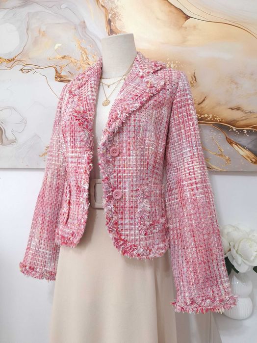 Różowa Cukierkowa Marynarka Żakiet Tweed KombiWorld S