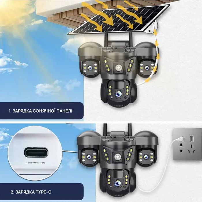 Автономна камера на батареї 4G V380 15МП вулична поворотна сонячна 3в1