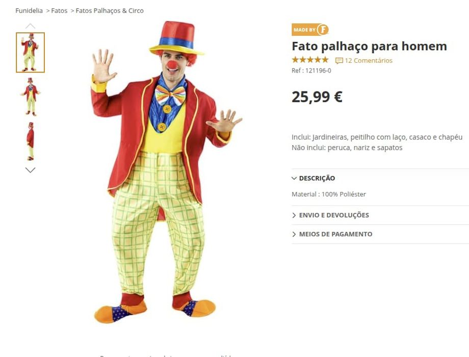 Fato de Palhaço Adulto (Funidelia) – Tamanho S/M – Como Novo