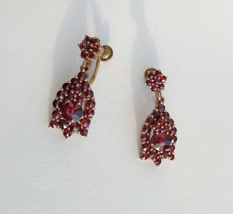 Серьги старинные с натуральными чешскими гранатами. Серебро 900