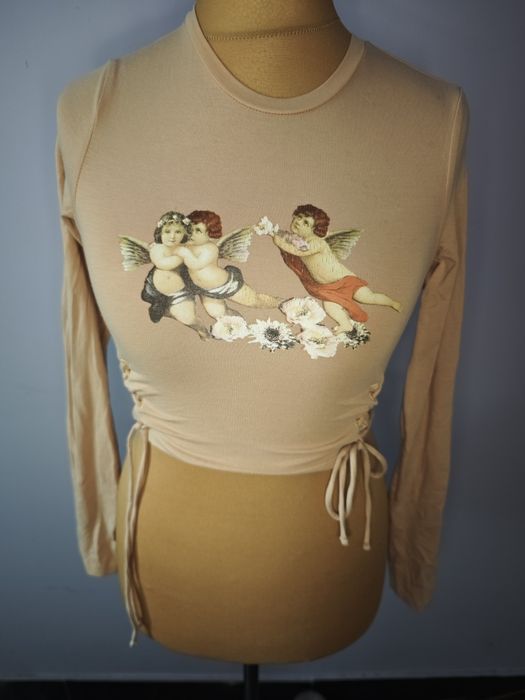 Bershka crop top S anioły cherubinki wiązana po bokach beż