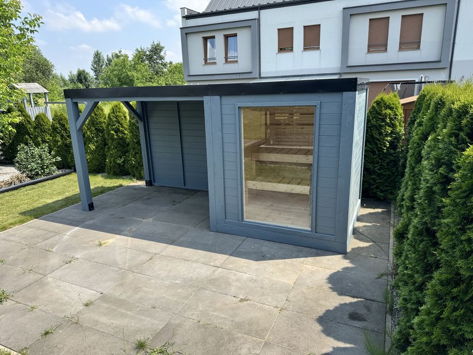 Sauna ogrodowa elektryczna piec Harvia sauna z zadaszeniem balia jacuzzi