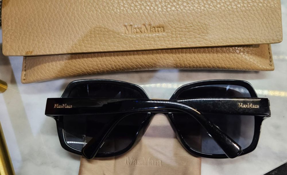 Oryginalne okulary przeciwsłoneczne Max Mara damskie duże muchy glamou