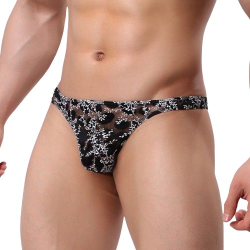 Koronkowe Męskie Stringi Przeźroczyste Wzór Roślinny - XXL