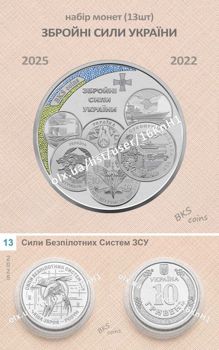 Набір обігових монет ЗСУ 13шт (2025-2022) — без капсул