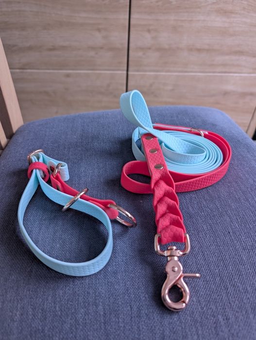 Zestaw smycz obroża polzaciskowa hexa turkus róż neon różowe złoto