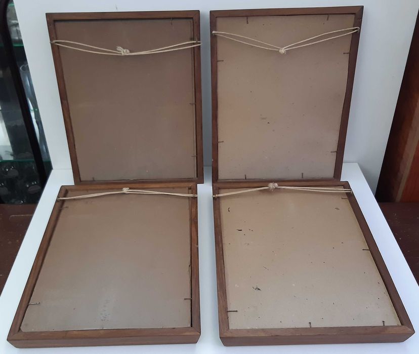 Retro Vintage Antigo 4 Quadros Molduras Madeira Lindas Gravuras Aves