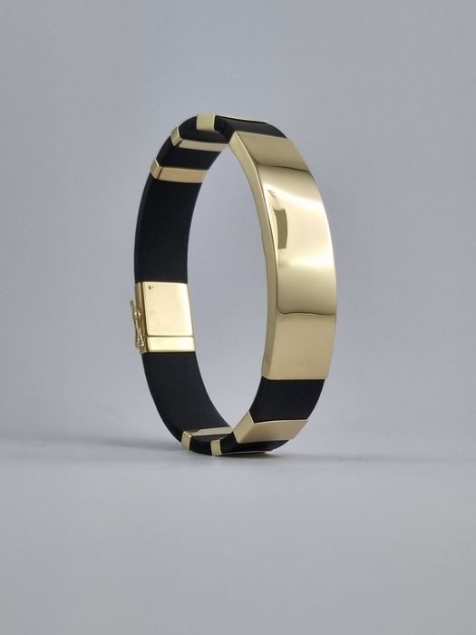 Luksusowa złota męska gruba szeroka bransoletka na kauczuku 14k grawer