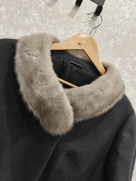 Płaszcz wełniany wełna szary real vintage 46 3XL z naturalnym futrem