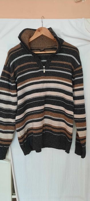 Sweter golf rozpinany Kaner paski szaro-brązowo-beżowe XXL wełna