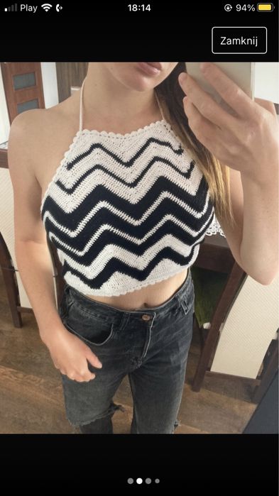 Biało czarny top z odkrytymi plecami wiązany haftowany H&M Coachella c