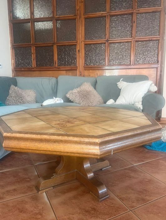 Ława dębowa ośmiokątna z kafelkowym blatem - vintage, retro