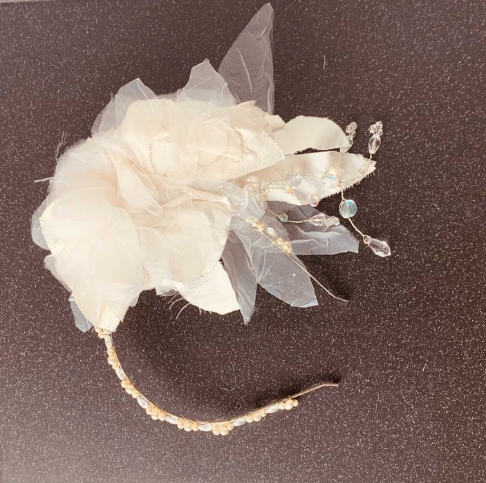 nowa artystyczna opaska kwiat jedwab tiul perły ślub diadem boho xxl