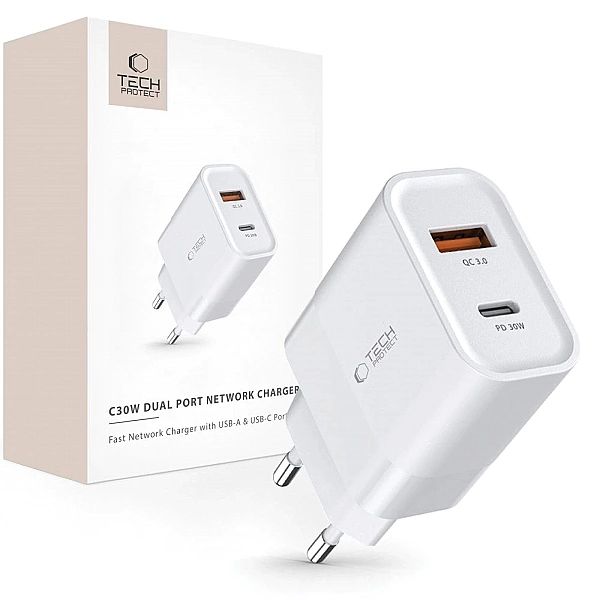 Ładowarka Tech-Protect C30W sieciowa USB-C PD 30W / USB-A QC 3.0 - bia