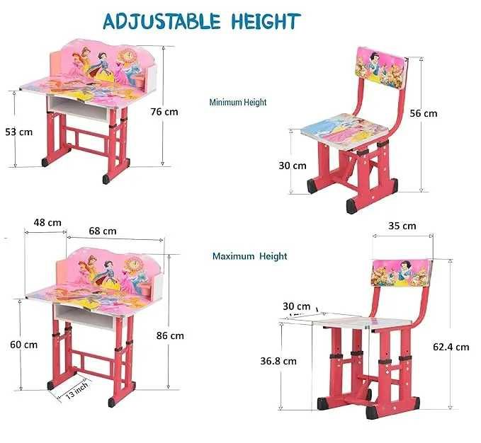 Рожева дитяча регульована парта + стілець з принтом «Принцеси»