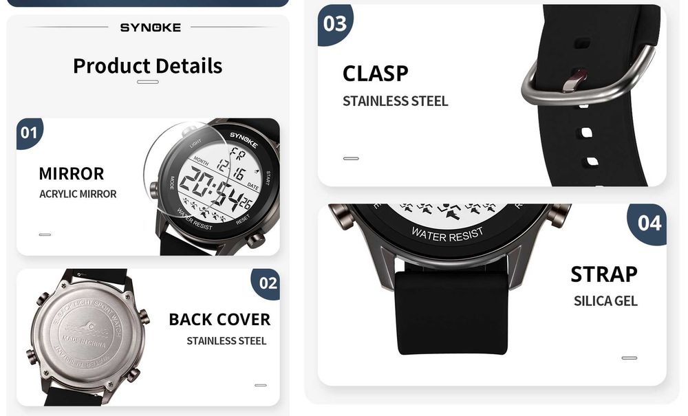 Nowy zegarek sporotwy Synoke elektroniczny stoper budzik datownik WR50