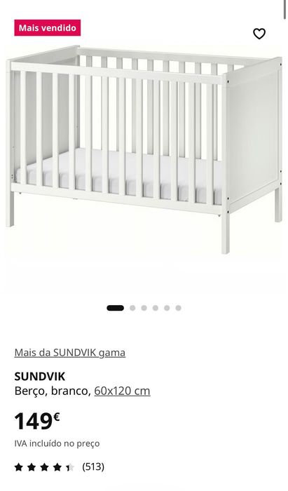 Vendo berço Ikea SUNDVIK com pouco uso + colchão para o berço e todos os lençóis, resguardos e proteções