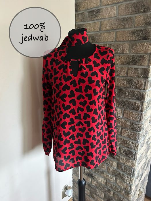 Czerwona koszula bluzka w serca jedwabna 34/36 jedwab szal