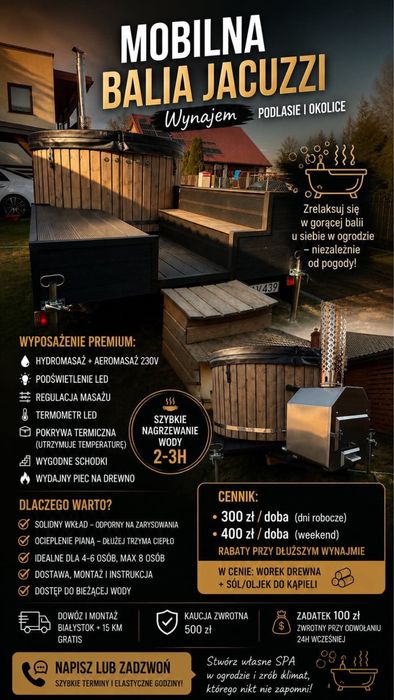 Mobilne Jacuzzi / Balia Ogrodowa – Wynajem | Nowy zestaw | Podlasie