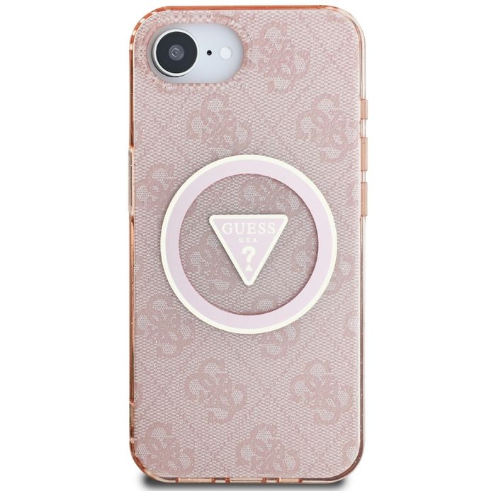 Etui Guess IML Metal Glitter 4G Triangle MagSafe do iPhone 16e różowy