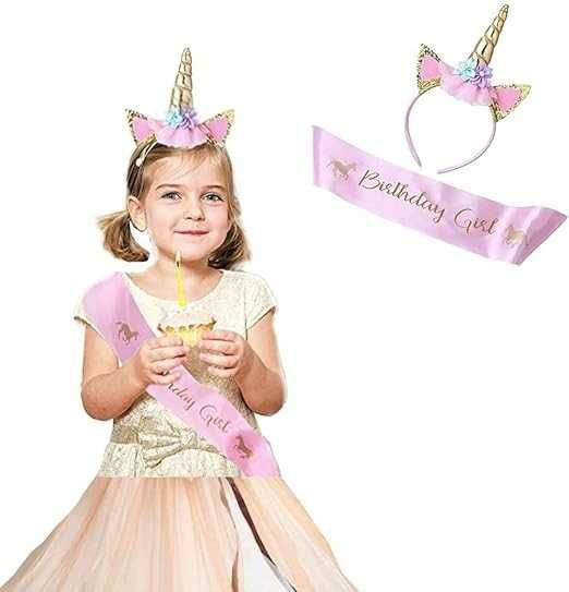 Opaska jednorożec różowa + szarfa 150cm różowa, urodziny