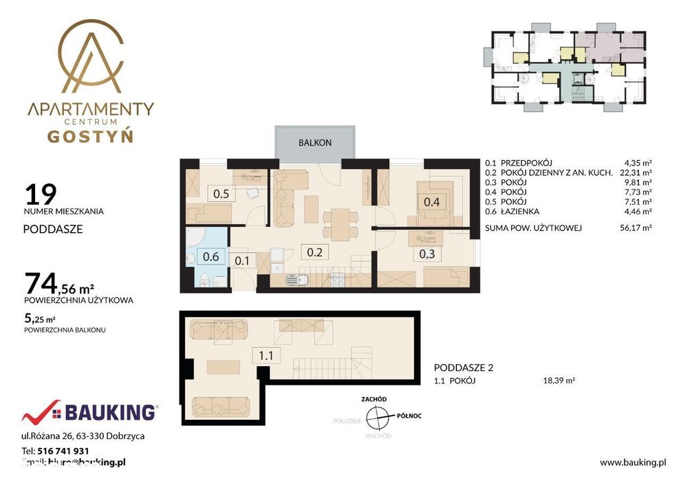 Gostyń Centrum Apartament BAUKING 74 m2,   DWUKONDYGNACYJNY