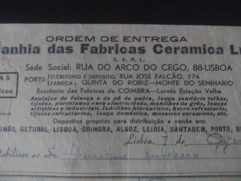 Fábrica Lusitânia - Rara Ordem de Entrega de Agosto de 1936