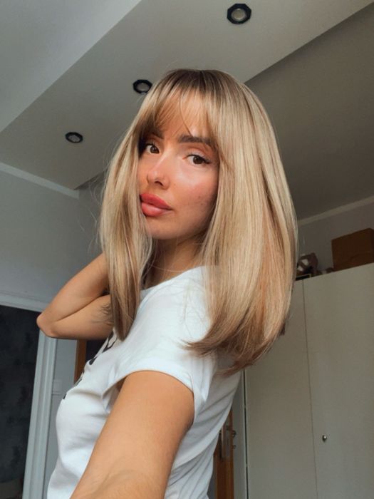 Peruka blond gęste włosy pasemka balejaż grzywka ombre brąz nowa