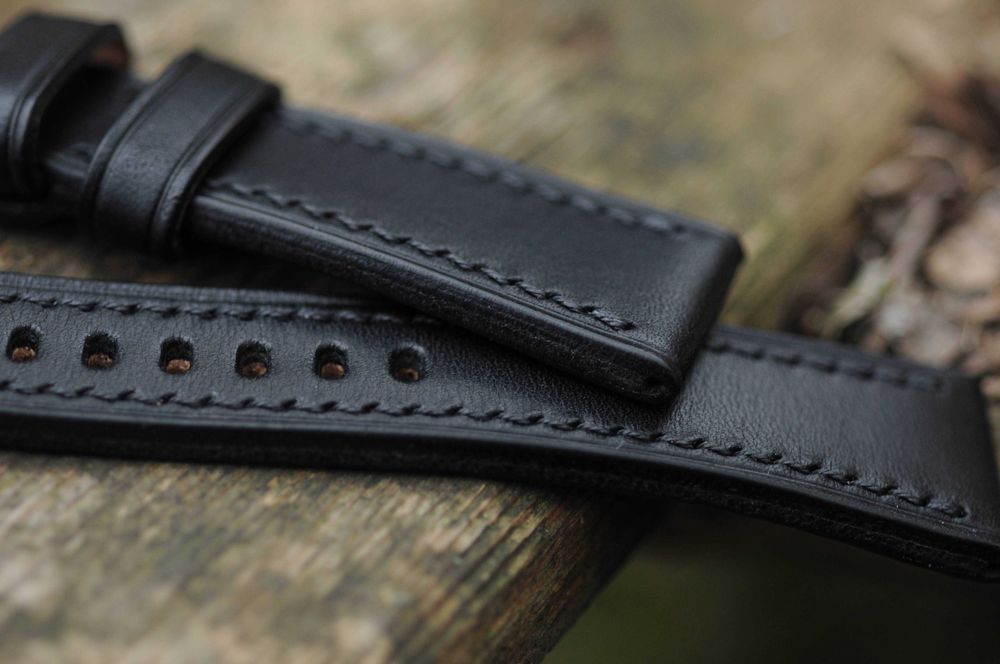 Чёрный кожаный ремешок для часов 22 х 18 мм браслет Ручная работа