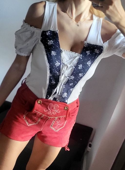 Tradycyjny dirndl strój bawarski na oktoberfest spodenki skóra natural