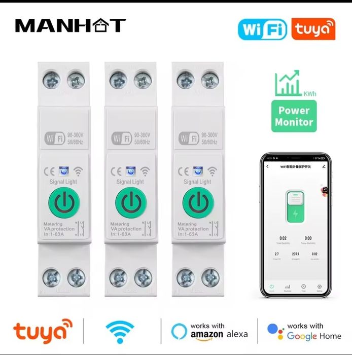 Розумний автоматичний вимикач Tuya Wi-Fi 1-63A 1P+N енергія, таймер,