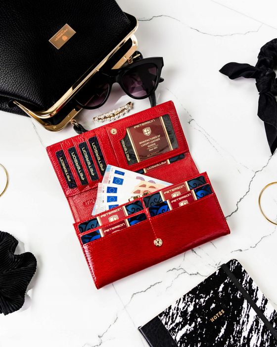 PETERSON portfel damski skórzany elegancki lakierowany P216 czerwony