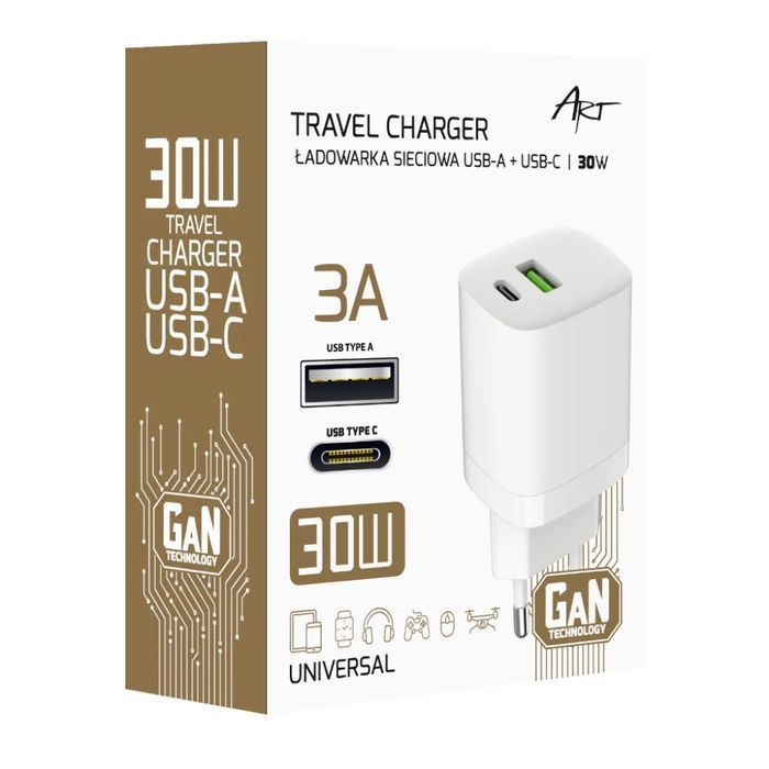 Ładowarka sieciowa ART GaN mocna 30W USB-C PD + USB QC AZ-U30W2
