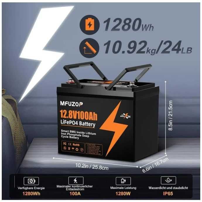 LiFePO4 акумулятор (батарея) MFUZOP 12V 100Ah 1280Wh BMS
