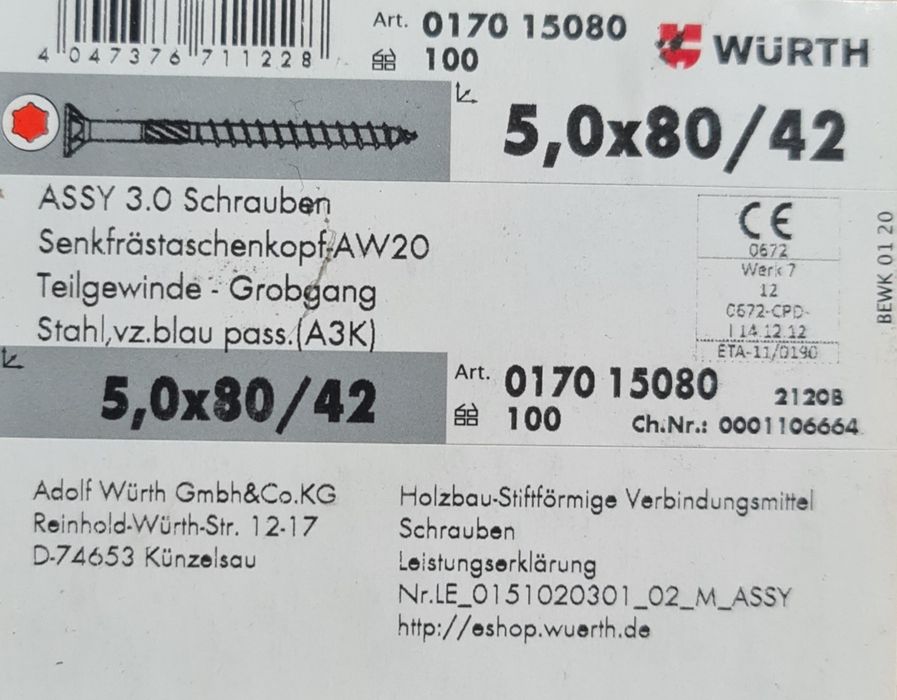 Wkręty do drewna firmy WURTH, różne rozmiary