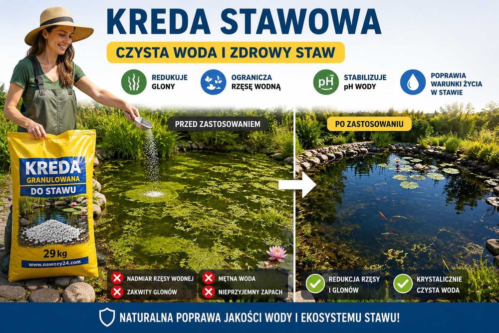 Kreda stawowa w workach, kreda do oczka wodnego granulowana 29kg oczyszcza wodę i jest bezpieczna dla RYB,, redukcja glonów w wodzie
